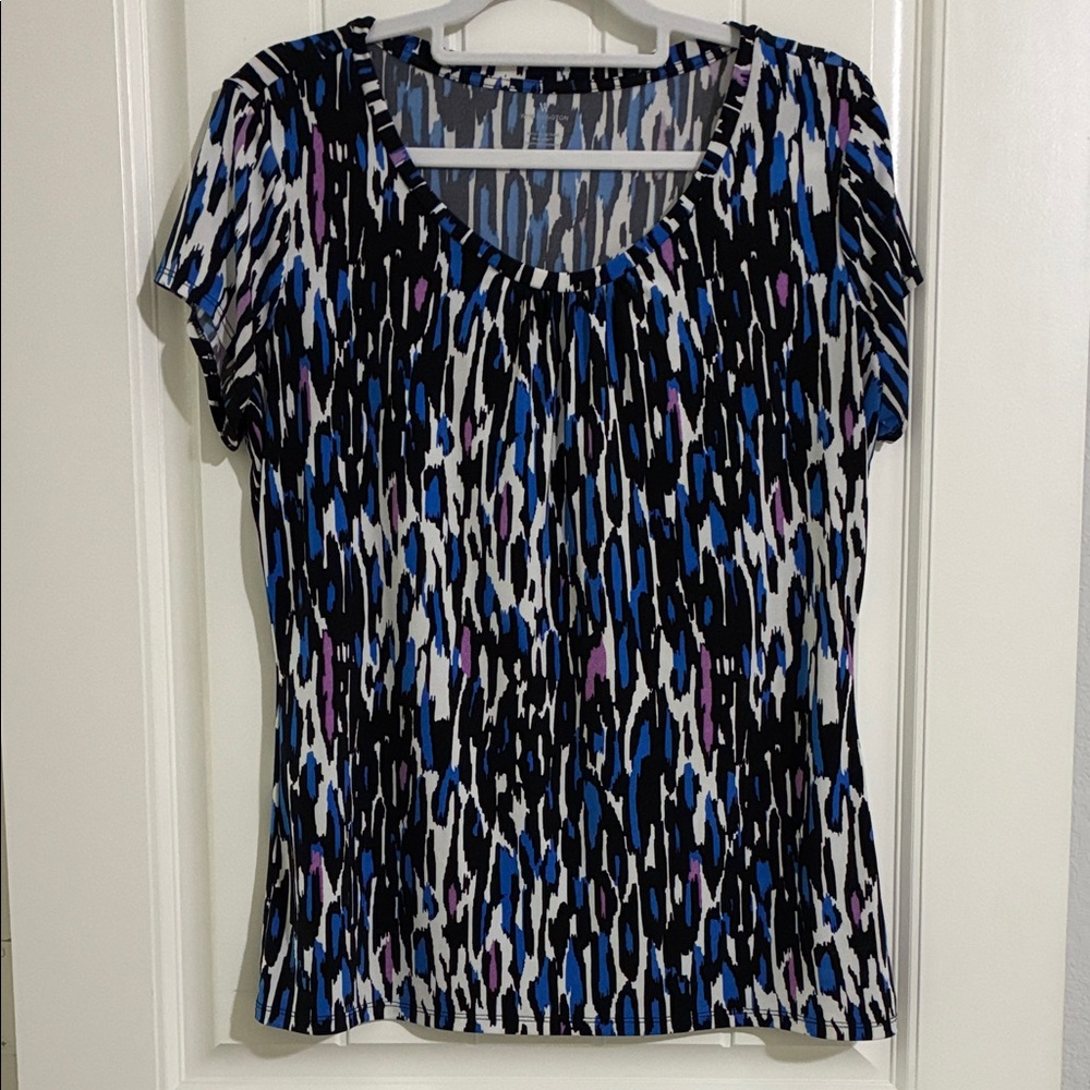 Scoop Neck Printed Women's Top - Black, Blue & Purple underarm to underarm 19”